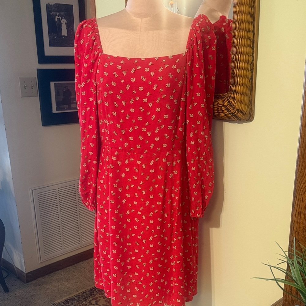 Sanctuary Red Floral Square-Neck Long Sleeve Midi Dress